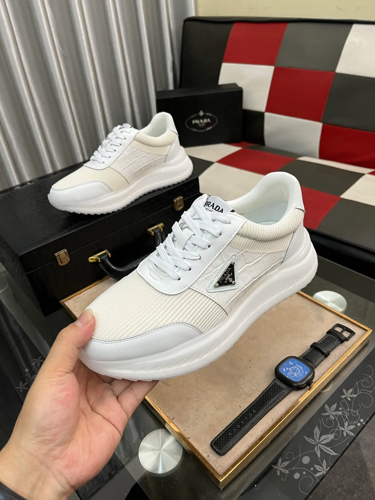 Men's shoes 💰458⌚️⌚️[PRADA] Prada Hong Kong counter casual shoes, counter quality, high-quality workmanship, uppers made of imported breathable fly-knit mesh fabric, comfortable and breathable lining, original air-cushion elastic outsole, casual fashion, high-end quality, size: 38-444️⃣Colors available